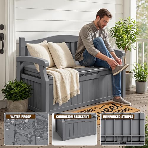 80 Gallon Resin Outdoor Storage Bench with Cushion. Waterproof (Grey / 80 Gal with Cushion)