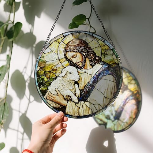 8 Inches Jesus Holding Lamb Painted Stained Glass Suncatcher (Jesus-e)