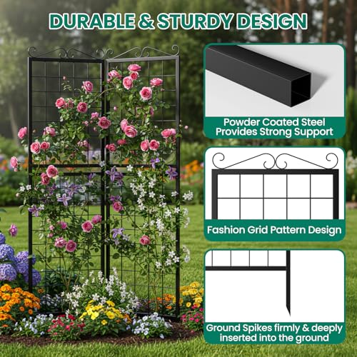 2 Pack Garden Trellis for Climbing Plants (71''H x 20''W/2 Pack / Black Square Grid)