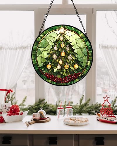 Green Christmas Tree Golden Bells Stained Glass Window Hanging Gifts 9.8"