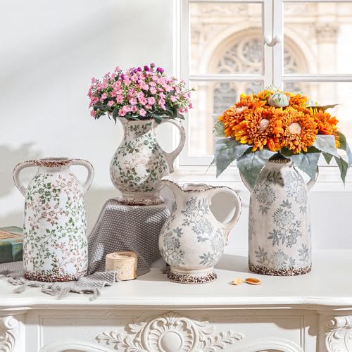 Ceramic Pitcher Vase with Handle (07-green and Beige-9.7 Inch)
