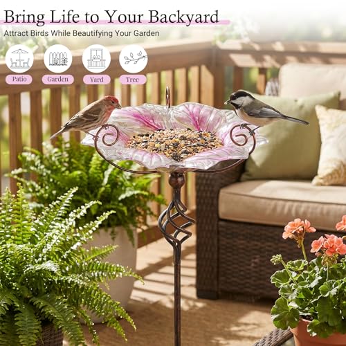 Glass Bird Bath Outdoor Bird Feeder with Metal Stake Garden Decor (Pink)