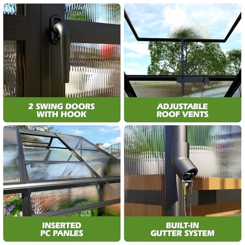 10x14 FT Polycarbonate Greenhouse with 4 Roof Vents (10*8.4*14FT)