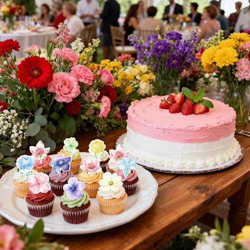 60 PCS Edible Flowers Cupcake Toppers Wafer Paper Daisy Rose Flower Cherry Cupcake Toppers Edible Flowers Cake Decorations for Baby Shower Wedding Birthday Valentine's Day Party Decorations Supplies (Pattern 2)