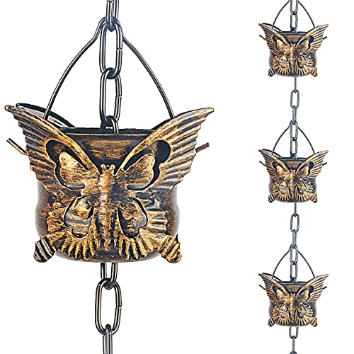 Rain Chains for Gutters Outside 8.5FT Copper Rain Catcher Chain with 13 Butterfly Cups Decorative Replacement for Downspout (Copper Butterfly)