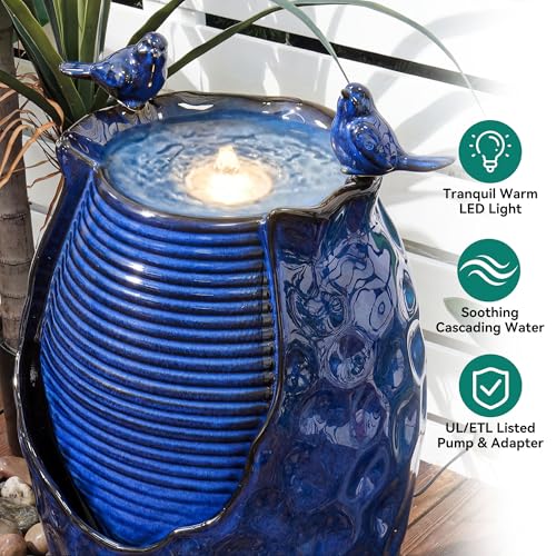 Autodaya 25" Ceramic Jar Outdoor Water Fountain with Hammered Texture (23.5"h-honeycomb Pot Cobalt Blue Glaze)