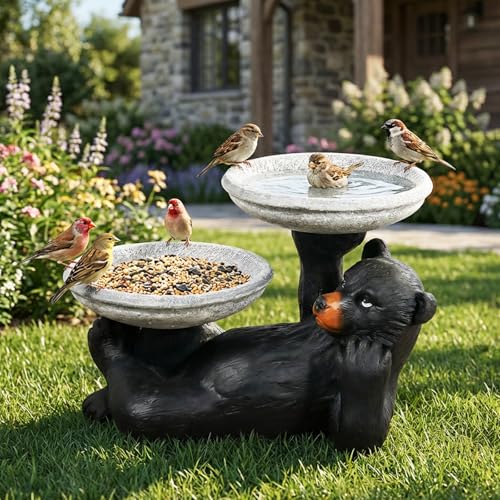 18" Fibre Reinforced Concrete Outdoor Birdbath (18"_bear / Black)