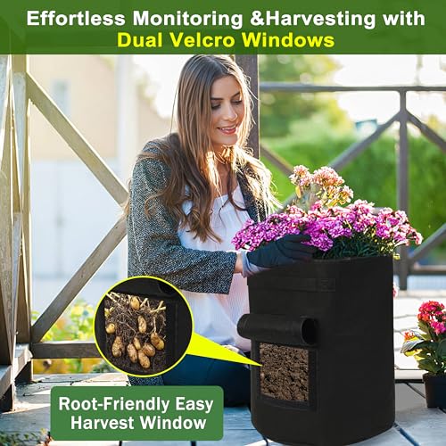 4-Pack 15-Gallon Grow Bags with 2 Flaps and Reinforced Handles,Non-Woven Potato Grow Bags, Heavy-Duty Thickened Aeration Fabric Pots for Potatoes, Tomatoes, Flowers, and Vegetables (4 Count)