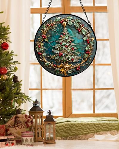 Christmas Teal Evergreen Stained Glass Window Hanging Suncatcher Gifts 7.8" (Cyan / 7.8x7.8 IN)