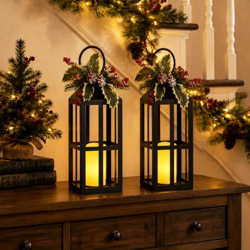 Christmas Lanterns 2 Pack with LED Candles for Christmas Porch Decor