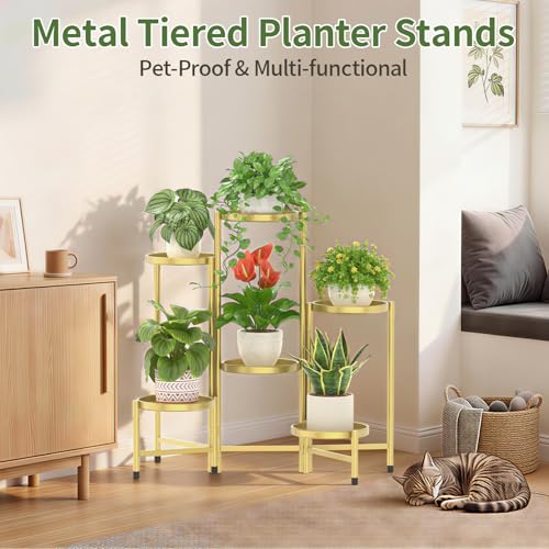 Plant Stand Indoor with 10 Inch Large Metal Tray (Warm Gold / 6 Tier)