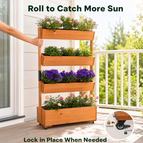 4 Tier Wooden Vertical Raised Garden Bed Outdoor with Wheels (Brown / W33.5× D18× H55in)
