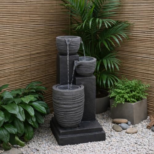 Horizontal Ribbed Pattern Outdoor Water Fountain (Warm Gray)