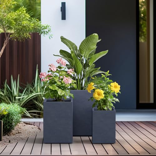 Set of 3 Charcoal Concrete Tall Planters 13" 11" 9" Dia (Charcoal / 18.5" H, 15.7" H, 12.6" H)