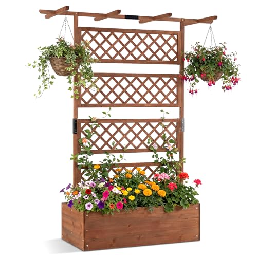 Raised Garden Bed with Trellis (Brown / 60"Lx22"Wx72"H)