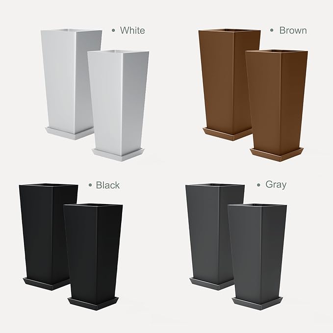 24" Tall White Planters for Outdoor Plants Set of 2, Large Flower Pots Planters with Drainage Holes & Tray, Modern Indoor Tapered Tall Planter for Front Porch