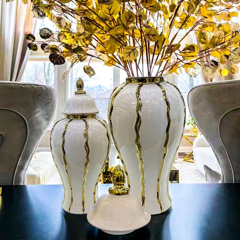 Ginger Jar White Gold Ceramic Vase Large Handmade Porcelain Vases with Lid