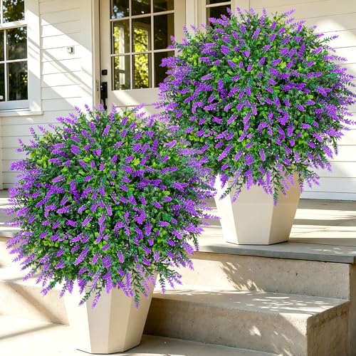 2 Pack UV Resistant Artificial Lavender Boxwood Plants Outdoor (Lavender)