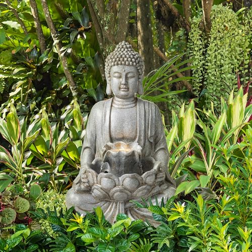 Buddha Fountain Outdoor with Pump & LED Light 23.25" H (Concrete Buddha W/Lotus Leaf&flower Basins / 23.25"H)