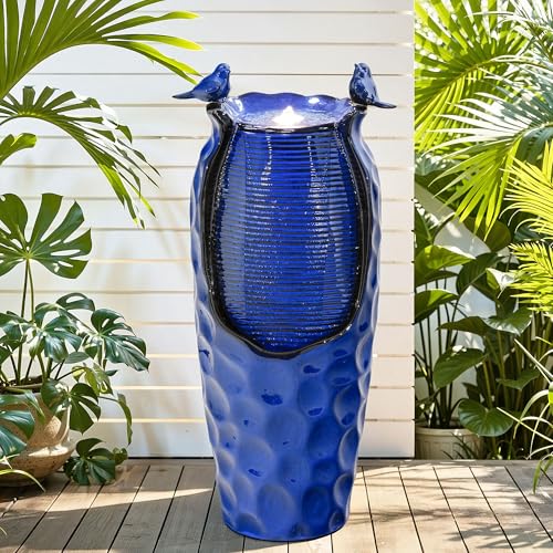 Autodaya 33" Vase Ceramic Outdoor Water Fountain with Lights and Birds (33"h-hammered Cobalt Blue)