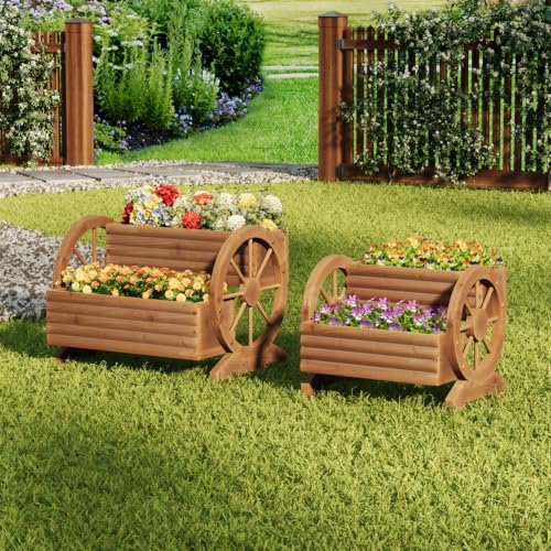 Wooden Wagon Planter Outdoor Flower Cart with Wheels Garden Planter
