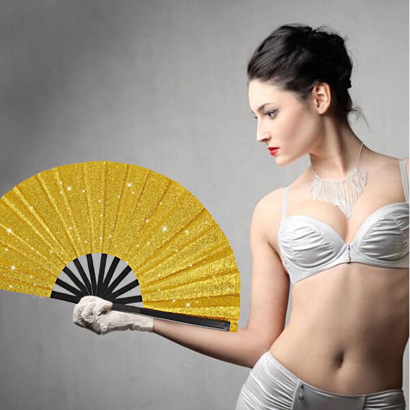 2 Pack Glitter Large Folding Hand Fans for Line Dancing (2 Gold)