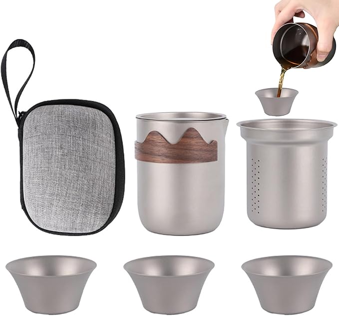 Titanium Tea Set | Camping Teapot Kit - Kung Fu Teapot with Teacup | for Hikers Campers Picnic Road Trip Beach Garden Backyard Park Fishing Outdoor Concert Home