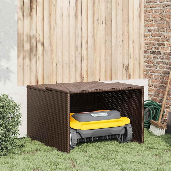 vidaXL Robot Mower Garage - Brown Poly Rattan, Weather- Storage Shed, 33.9"x35.4"x20.5"/22.4" for Garden Robotic Lawn Mower