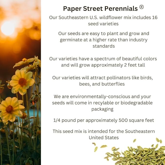 Southeast US Species Bulk Perennial Wildflower Seed Mix 1lb Covers 2,000sq-ft - Attract Pollinators, Colorful Blooms - Plant in Spring/Fall, Earth-Friendly (1/8 Pound (2 Ounce)) (1/8 Pound (2 Ounce))