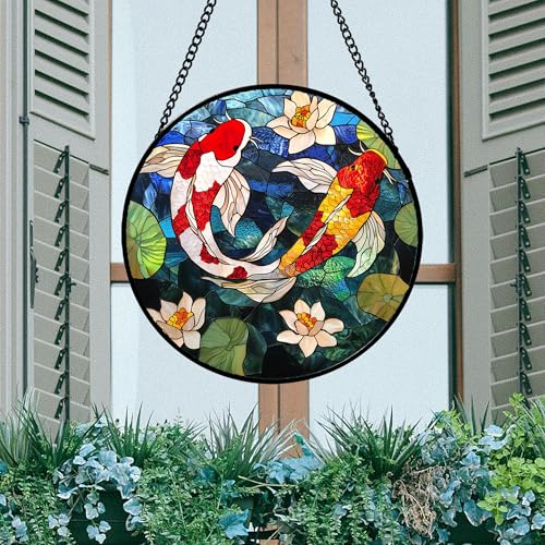 Stained Glass Window Hanging Carp Suncatcher Gifts for Women 7.8" (Red and White / 7.8x7.8 IN)