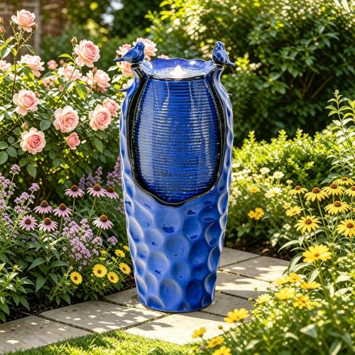Autodaya 33" Vase Ceramic Outdoor Water Fountain with Lights and Birds (33"h-hammered Cobalt Blue)