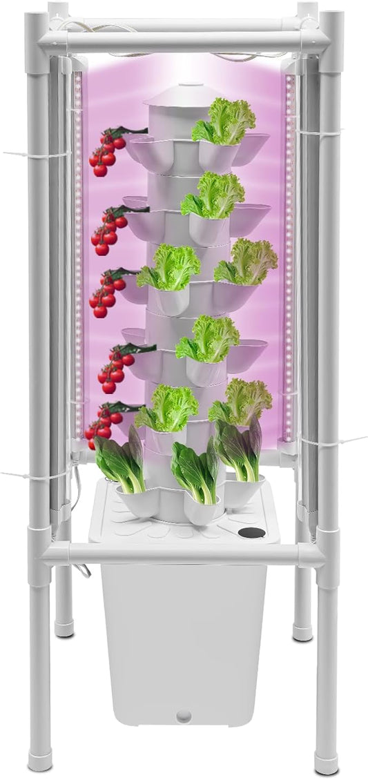 30-Plant Hydroponics Tower Vertical Growing System Kit, Indoor Garden Planter Herb Garden with LED Grow Light, Hose and Water Pump, Vertical Planter Germination Kit for Fruits Vegetables (White)
