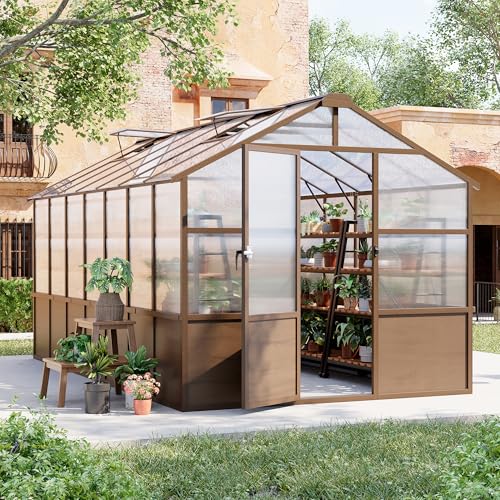 8x14 FT Wooden Walk in Polycarbonate Greenhouse for Outdoors (Brown / 8x14 FT)