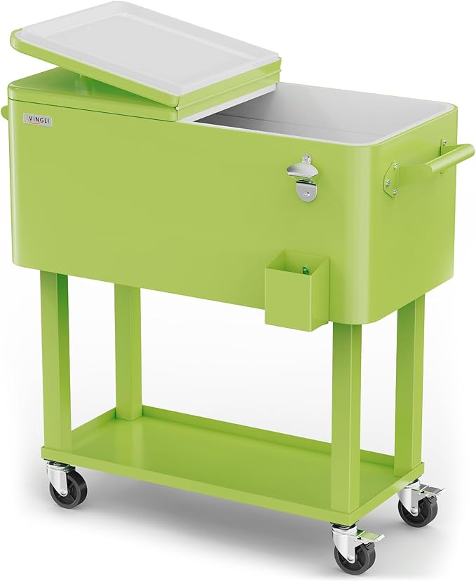 VINGLI 80 Quart Rolling Ice Chest, Portable Patio Party Bar Drink Cooler Cart, with Shelf, Beverage Pool with Bottle Opener
