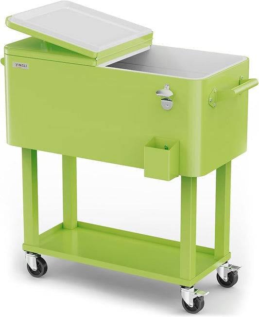 VINGLI 80 Quart Rolling Ice Chest, Portable Patio Party Bar Drink Cooler Cart, with Shelf, Beverage Pool with Bottle Opener