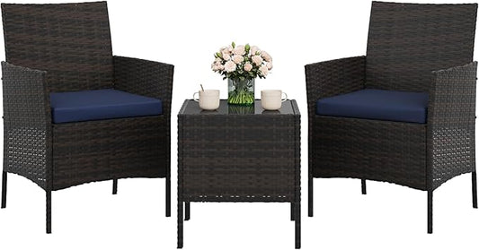 GAOMON 3-Piece Patio Furniture Set, Modern PE Rattan Conversation Set with 2 Chairs & Tempered Glass Coffee Table, All-Weather Outdoor Seating for Garden, Porch, Balcony, Poolside, Brown/Navy Blue