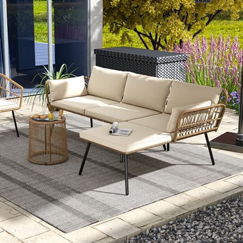Patio Furniture Set 3 Piece Outdoor Wicker Conversation Set with Detachable Cushions and Coffee Table L
