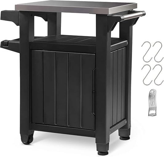 Keter Unity Small 40 Gallon Grill Prep Table and Storage Cart, Grey – BBQ Station with Wheels and Stainless Steel Top, Portable Serving Stand for Patio, Deck, and Backyard