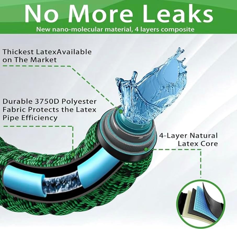 J&B XpandaHose 75ft Expandable Garden Hose with Holder - Heavy Duty Superior Strength 3750D - 4 -Layer Latex Core - Extra Strong Brass Connectors and 10 Spray Nozzle w/Storage Bag (Green 75)