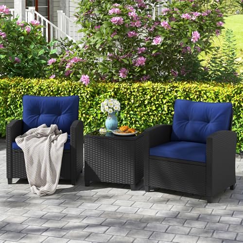 3 Pieces Wicker Patio Conversation Set (Black & Navy)