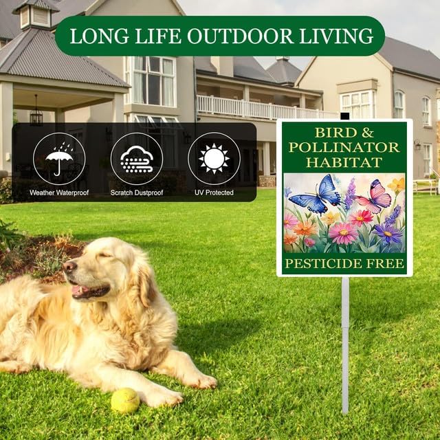 Bird and Pollinator Habitat Pesticide Free Yard Sign With Stakes 8X12 inches Rustproof Reflective Aluminum Pollinator Friendly Garden Sign Stand Butterfly Outdoor Decor