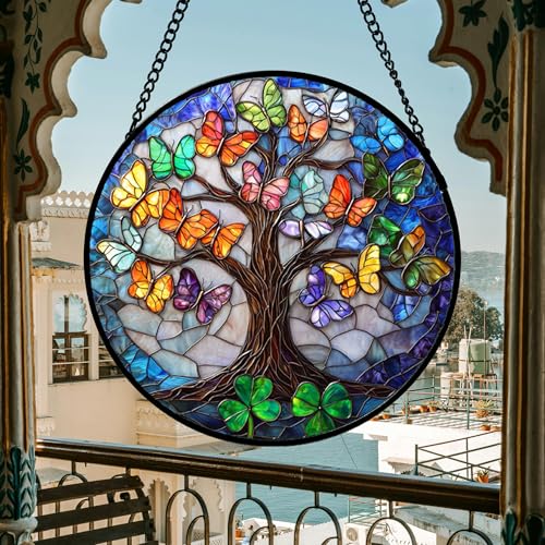 Butterfly Tree of Life Stained Glass Window Hanging Suncatcher Gifts 15" (Colorful / 14.9x14.9 IN)