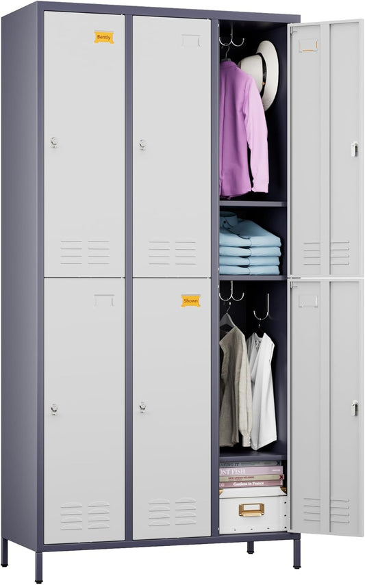 72" H×15.75" D×35.43" W Metal Storage Lockers for Employees with 6 Doors, Employee Lockers with 18 Hooks, Business Card Holder for Offices School Gyms Home,Assembly Required,Grey and White