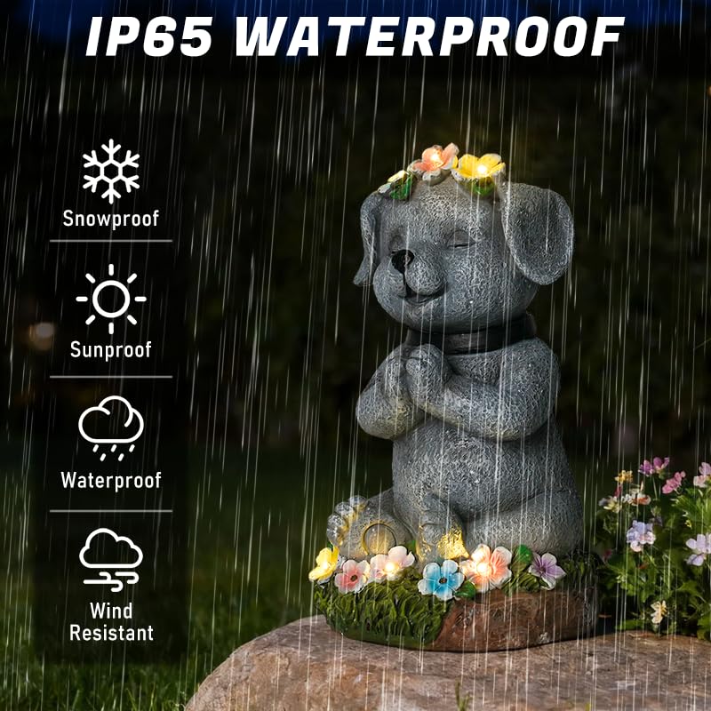 Meditating Dog Garden Statue with Solar LED Lights (Light Grey)