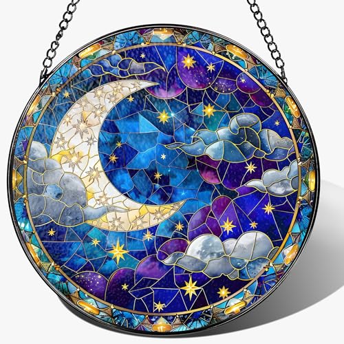 8 Inch Moon and Star Stained Glass Ornament (Night Sky)