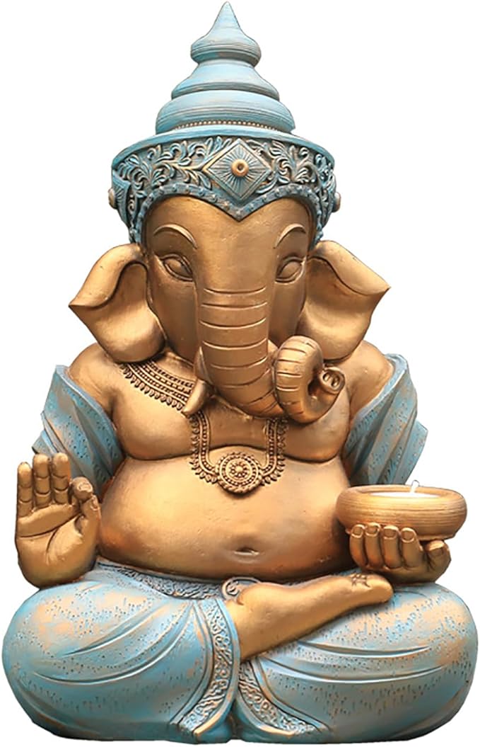 Ganesh Statue 12.6inch Outdoor Garden Ornament with Tealight Candle Holder,Resin Hindu God Buddha Art Craft Gift Decor for Home,Multi Colored