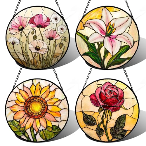 Stained Glass Window Hanging 4 Pcs Set Lily Rose Sunflower Poppy 7.8" (4-piece Red and Blue Set / 7.8x7.8 IN)
