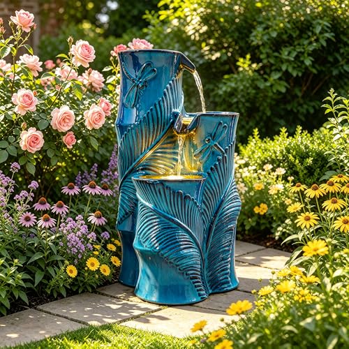 Autodaya Tropical Turquoise Ceramic Outdoor Water Fountain with Lights (25.5"h Bamboo-style Teal Blue)