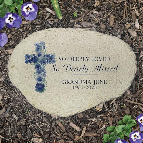 Personalized Memorial Garden Stone Blue Floral Cross So Deeply Loved Dearly Missed (Blue Cross / Large)