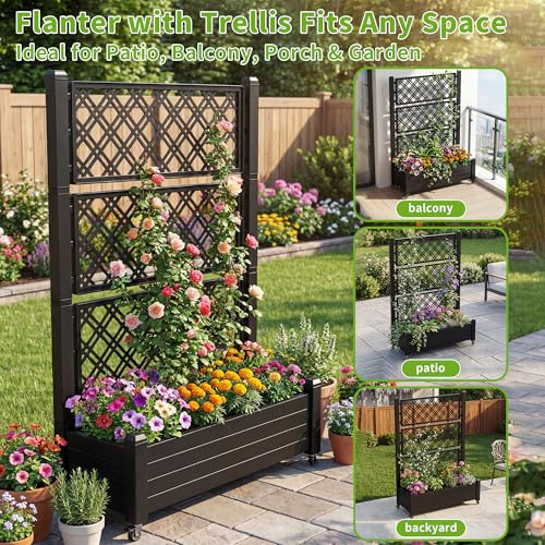 Rolling Garden Planter Box with Trellis & Lockable Casters (Black / 43.43*18.27*64.29)
